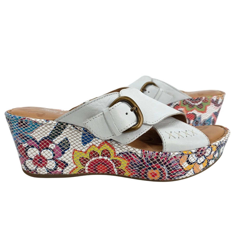 Born Ashley Wedge Sandals Cross White Leather Colorful Floral Platform Shoes 9 M